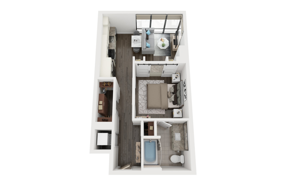 A1 - 1 bedroom floorplan layout with 1 bathroom and 579 square feet (3D)