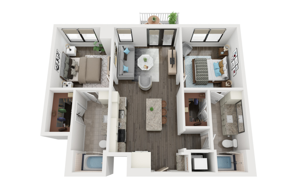 B1 - 2 bedroom floorplan layout with 2 bathrooms and 986 square feet (3D)