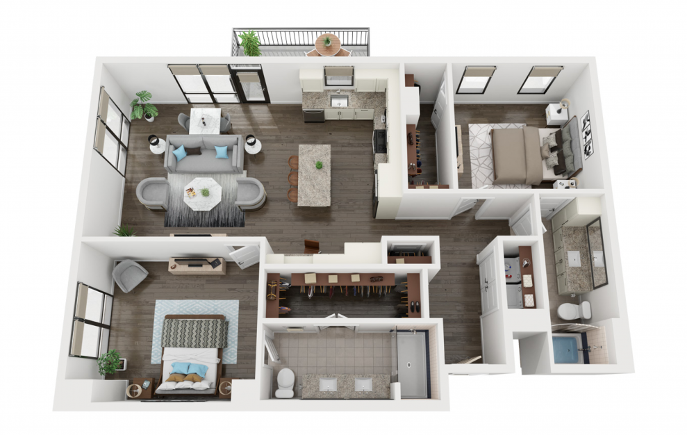 B2 - 2 bedroom floorplan layout with 2 baths and 1327 square feet. (3D)