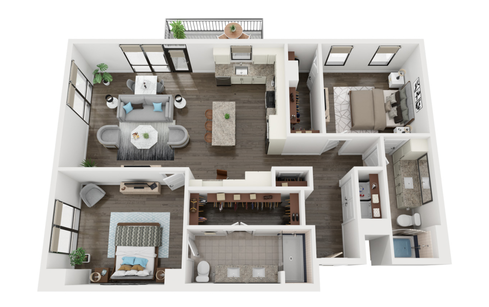 B2 - 2 bedroom floorplan layout with 2 bathrooms and 1327 square feet (3D)