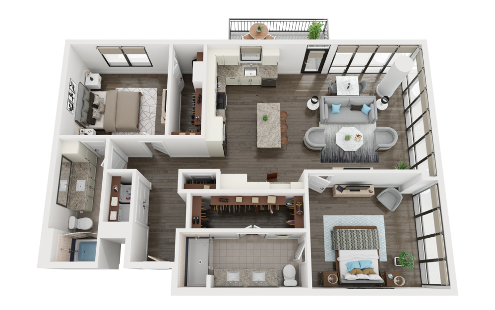 B3 - 2 bedroom floorplan layout with 2 bathrooms and 1383 square feet (3D)