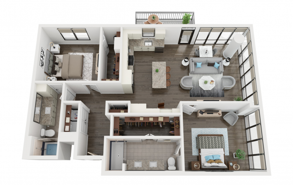 B3 - 2 bedroom floorplan layout with 2 baths and 1383 square feet. (3D)