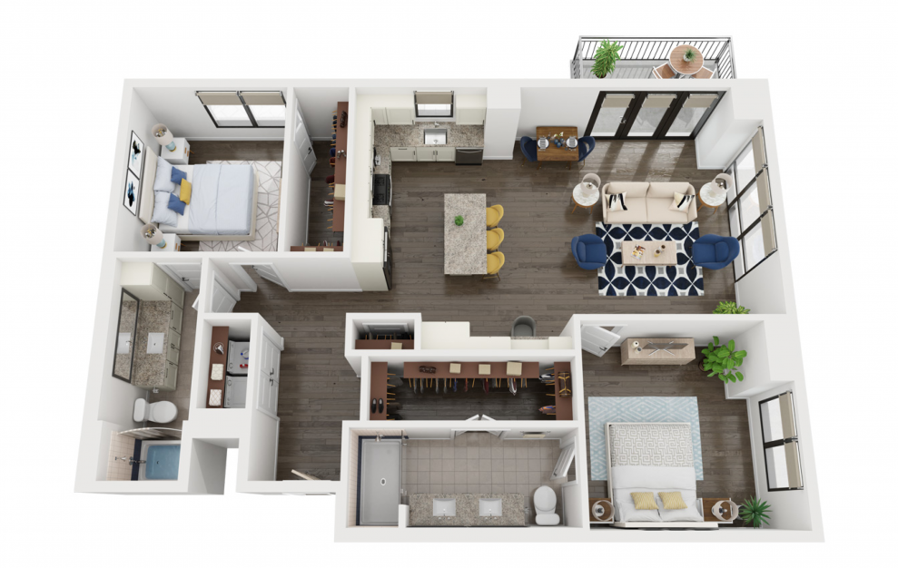 B4 - 2 bedroom floorplan layout with 2 baths and 1361 square feet. (3D)