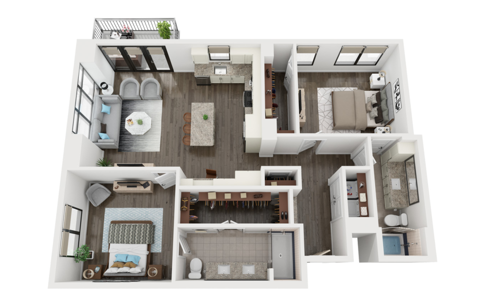 B5 - 2 bedroom floorplan layout with 2 bathrooms and 1338 square feet (3D)