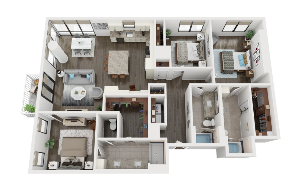 C1 - 3 bedroom floorplan layout with 3 bathrooms and 1743 square feet (3D)