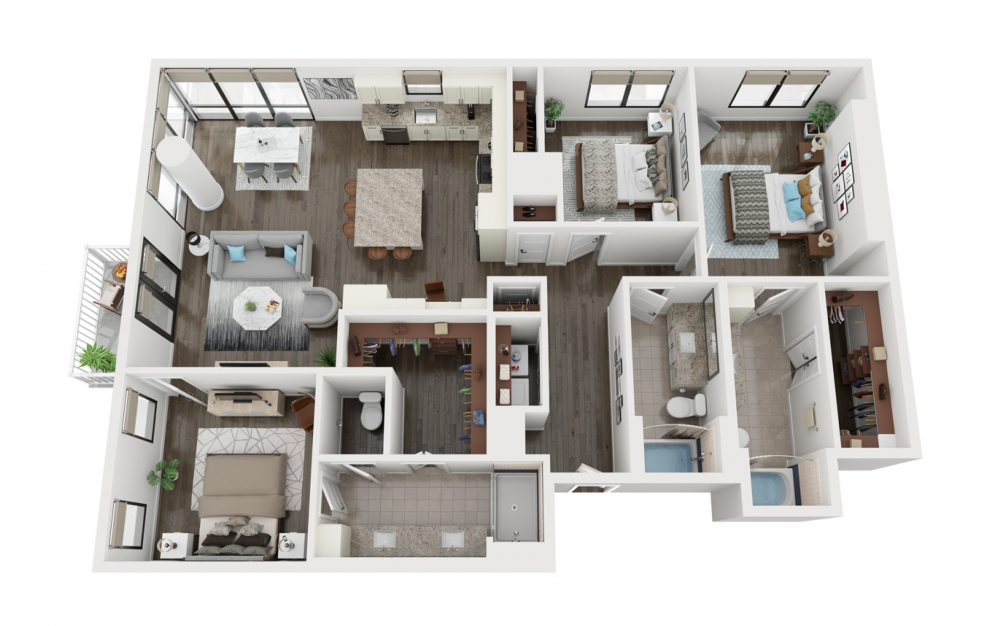 C1 - 3 bedroom floorplan layout with 3 baths and 1743 square feet. (3D)