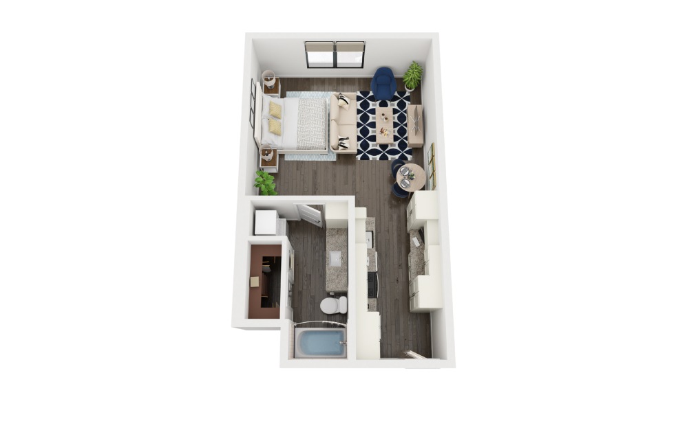 S2 - Studio floorplan layout with 1 bathroom and 582 square feet (3D)