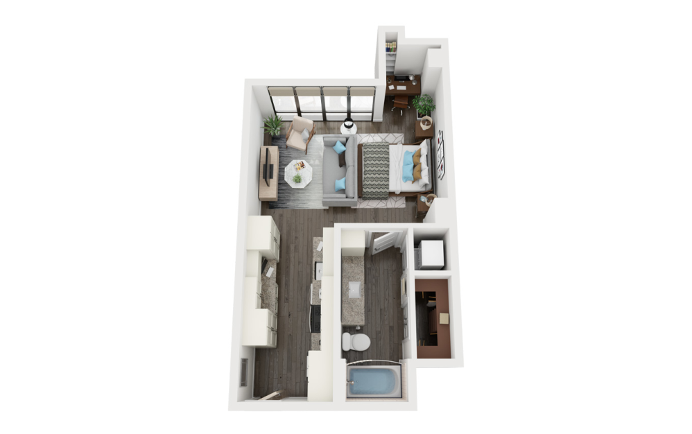 S3 - Studio floorplan layout with 1 bathroom and 531 square feet (3D)