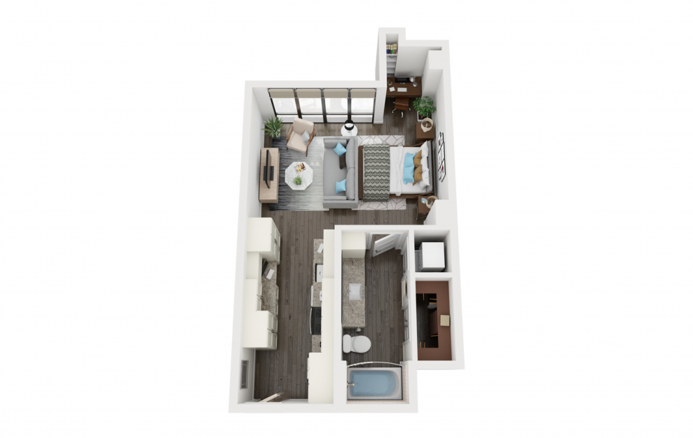 S3 - Studio floorplan layout with 1 bath and 531 square feet. (3D)