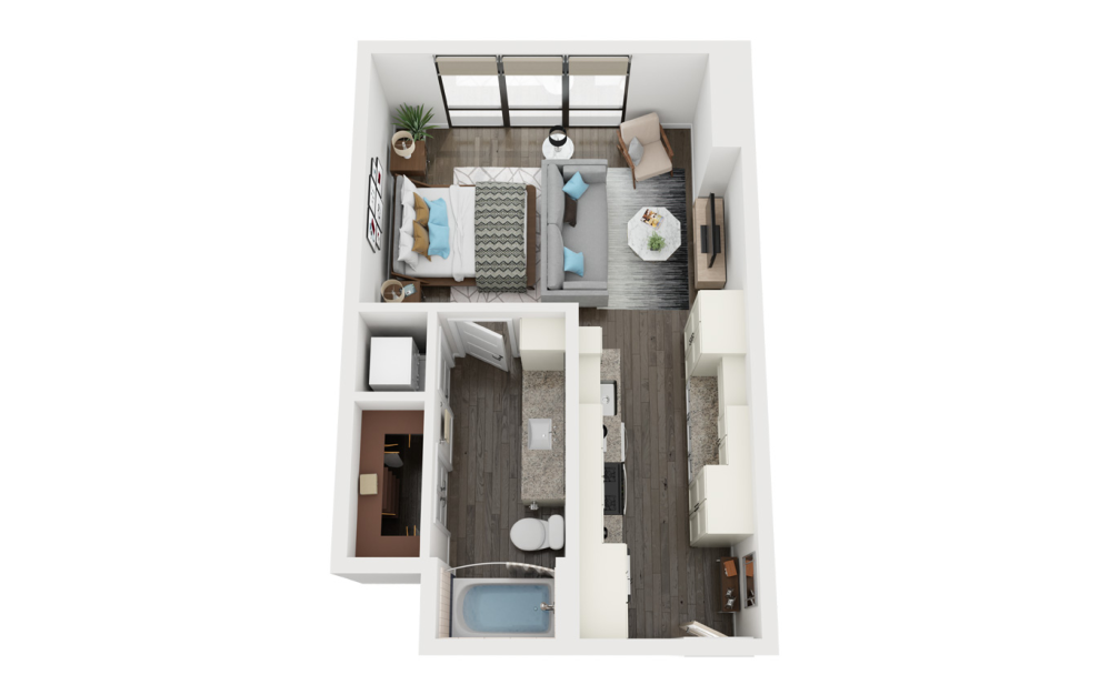 S4 - Studio floorplan layout with 1 bathroom and 496 square feet (3D)