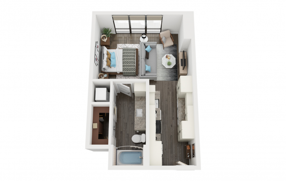 S4 - Studio floorplan layout with 1 bath and 496 square feet. (3D)